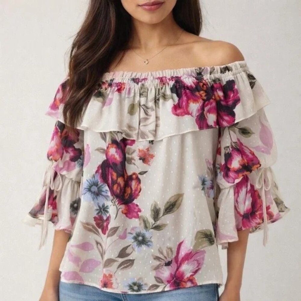 White House Black Market Floral Off-Shoulder Ruffle Blouse in Ivory and Pink